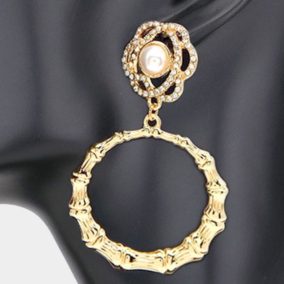 Gold Pearl Flower Rhinestone Bamboo Dangle Doorknocker Hoop Earrings Trendy - Picture 2 of 2